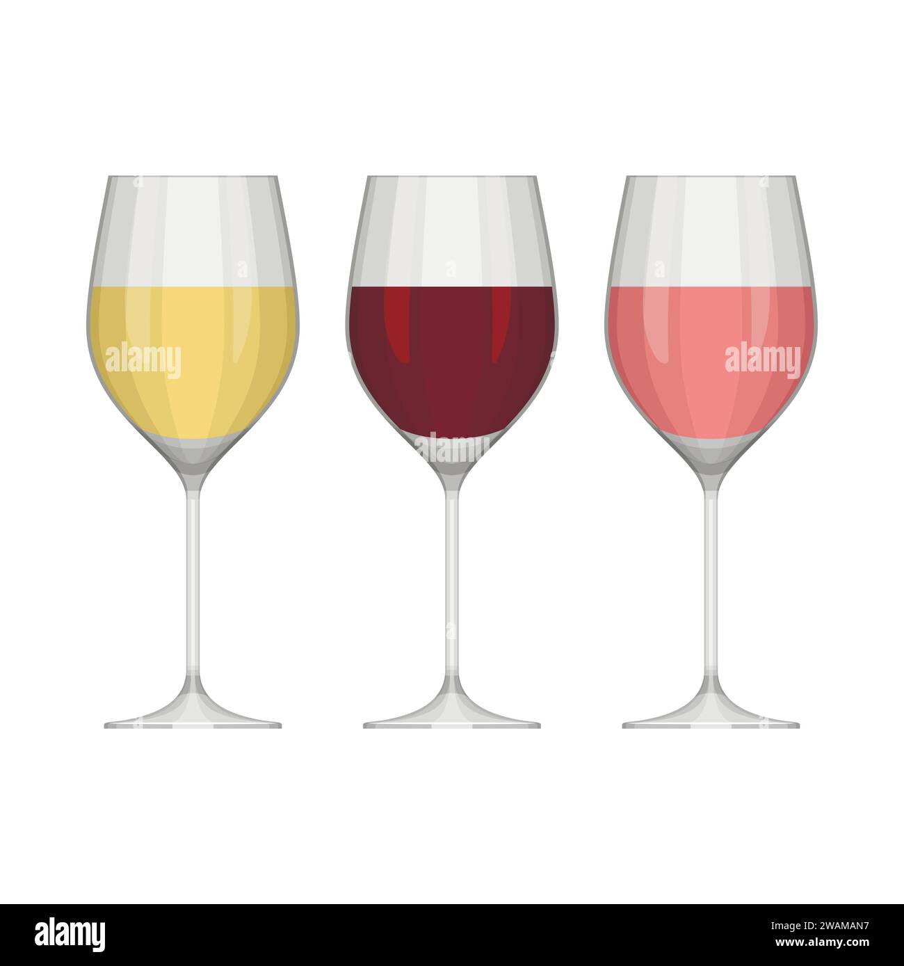 Ensemble de différents verres à vin de vecteur isolé sur fond blanc. Vin blanc, rouge et rose. Illustration vectorielle Illustration de Vecteur