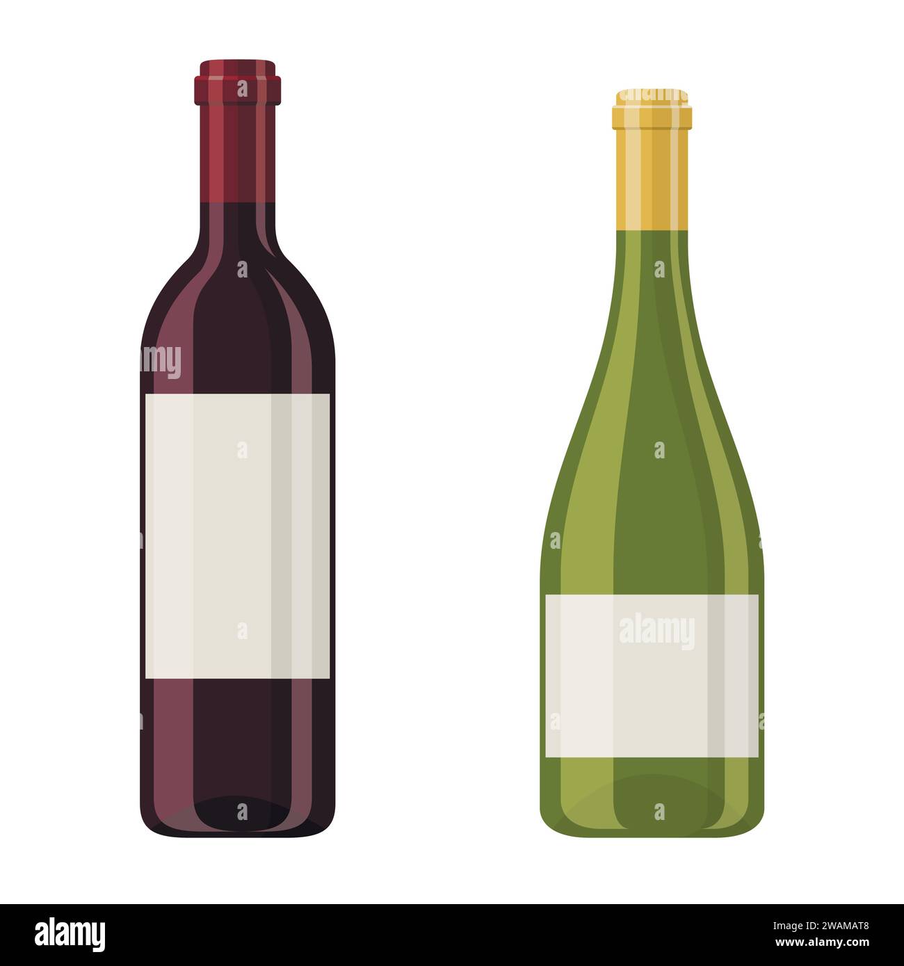 Illustration vectorielle d'une bouteille de vin rouge et blanc isolé sur fond blanc. Boisson alcoolisée dans le style de dessin animé plat. Illustration de Vecteur