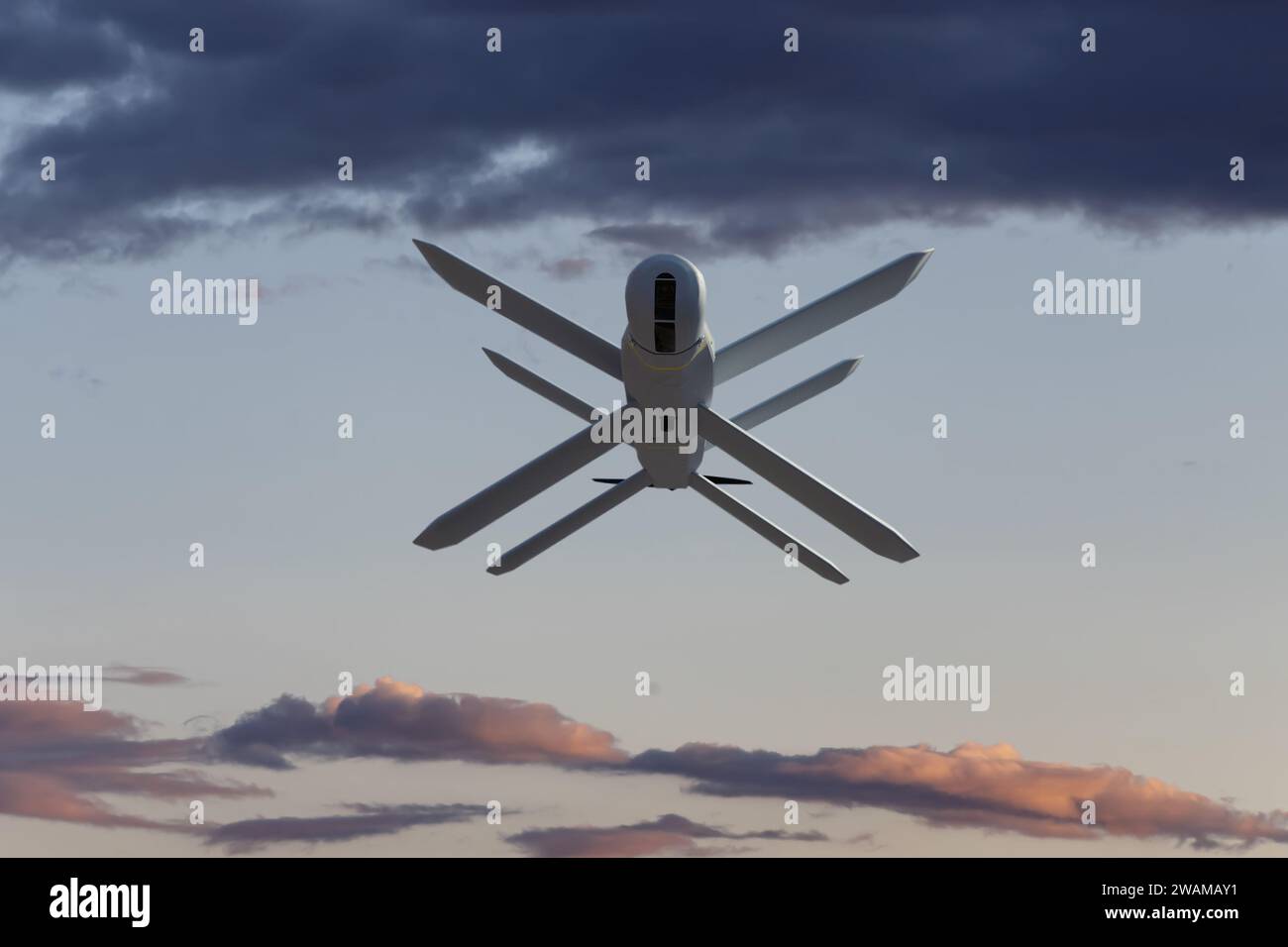 Vue de dessous du drone de combat militaire russe contre les nuages, la guerre Banque D'Images