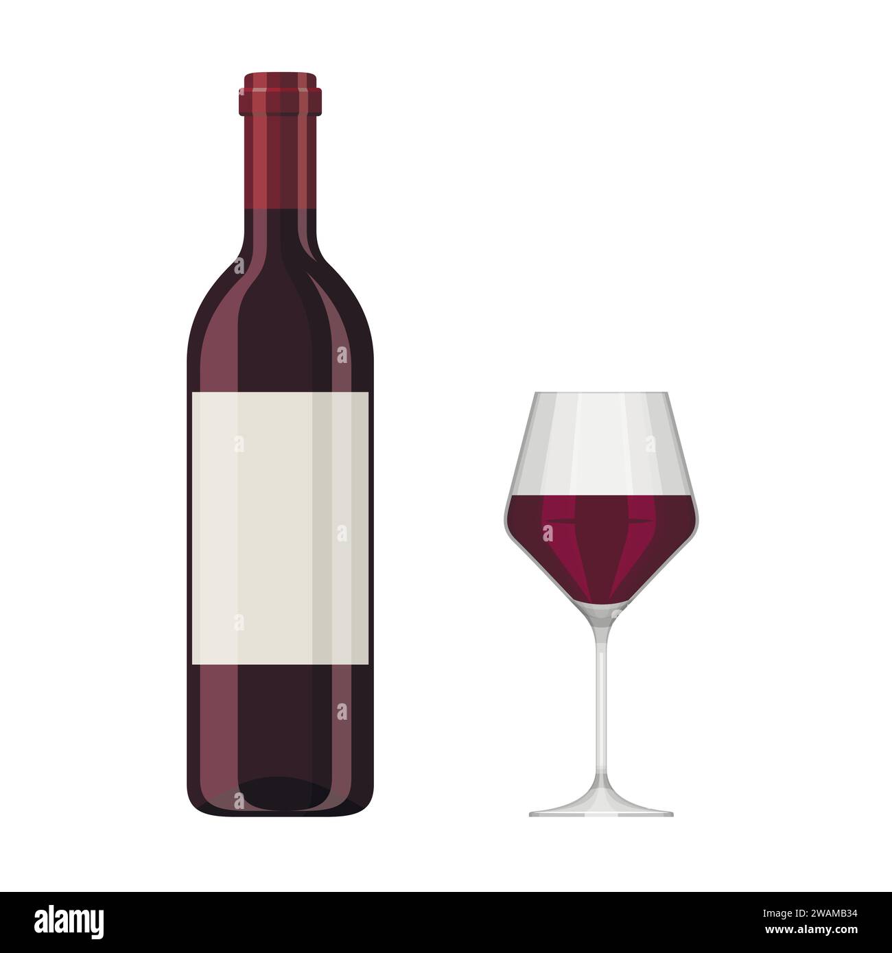 Illustration vectorielle d'une bouteille de vin rouge et verre isolé sur fond blanc. Boisson alcoolisée dans le style de dessin animé plat. Illustration de Vecteur