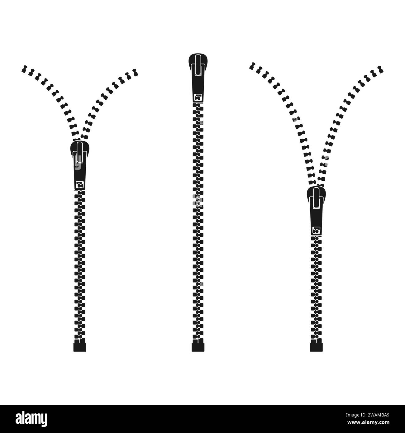 Fermeture à glissière isolée sur fond blanc, fermetures à glissière de vêtements, fermeture à glissière en tissu fendu, ouverture ou décompression et fermeture à glissière ou fermeture à glissière en métal. Illustration vectorielle. Illustration de Vecteur