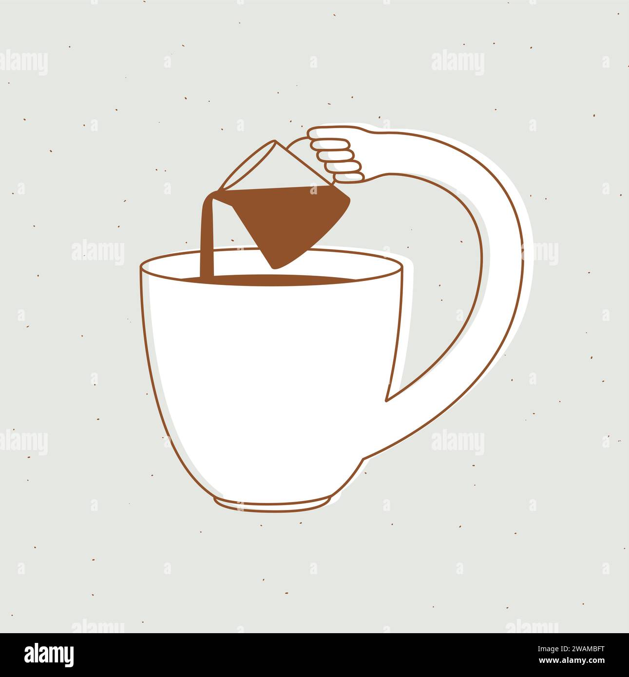 Tasse verse le lait dans lui-même dessin dans le style de ligne plate de dessin animé sur fond beige Illustration de Vecteur