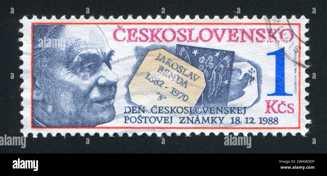 TCHÉCOSLOVAQUIE - CIRCA 1988 : timbre imprimé par la Tchécoslovaquie, montre Jaroslav Benda, illustrateur et concepteur de timbres, circa 1988 Banque D'Images