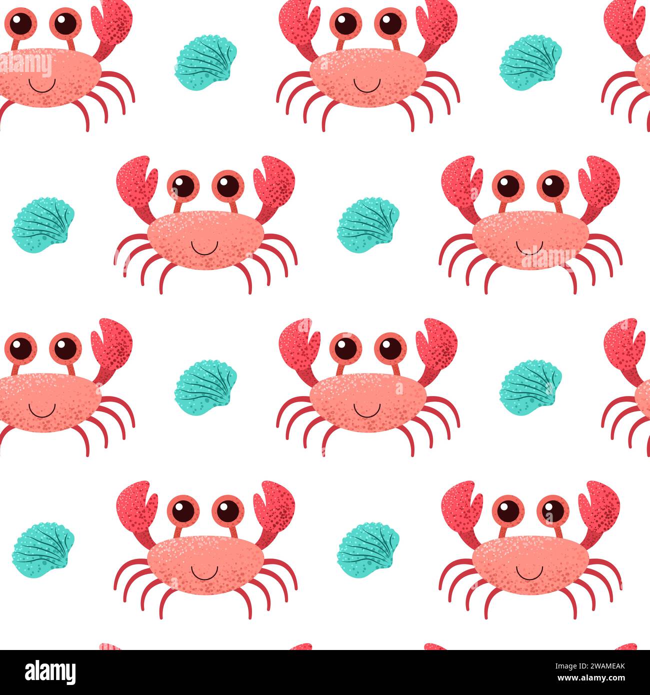 Motif sans couture avec crabe rouge et coquille sur fond blanc. Illustration de Vecteur