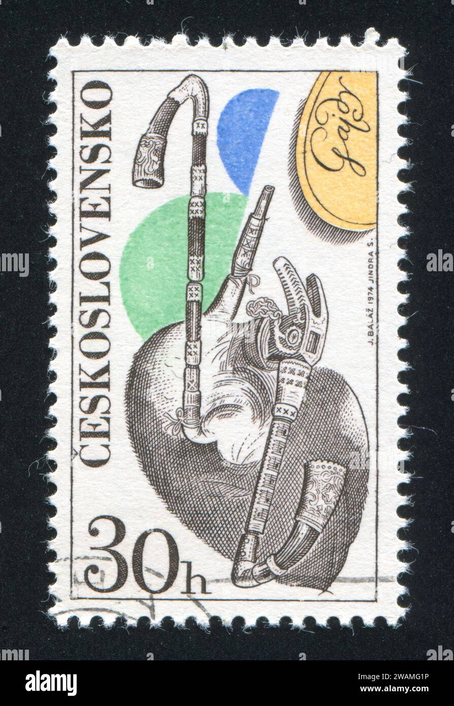 TCHÉCOSLOVAQUIE - CIRCA 1974 : timbre imprimé par la Tchécoslovaquie, montre cornemuse, circa 1974 Banque D'Images