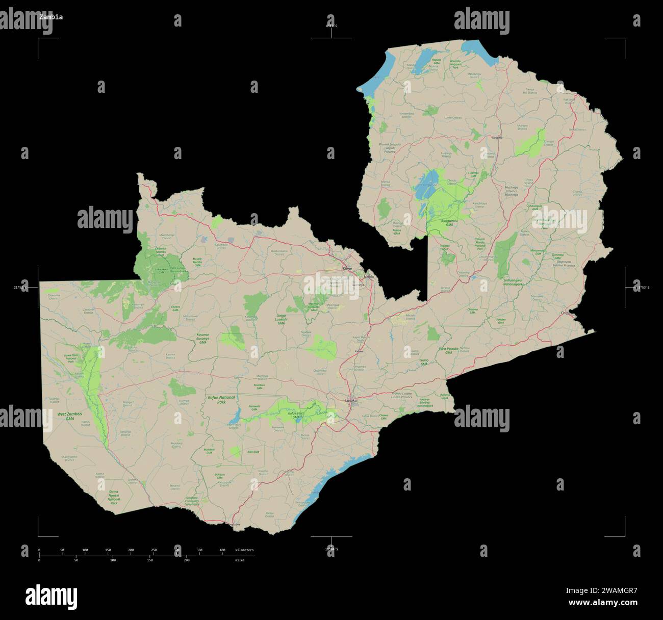 Forme d'une carte topographique, de style OSM Allemagne de la Zambie, avec l'échelle de distance et les coordonnées de la frontière de la carte, isolée sur noir Banque D'Images