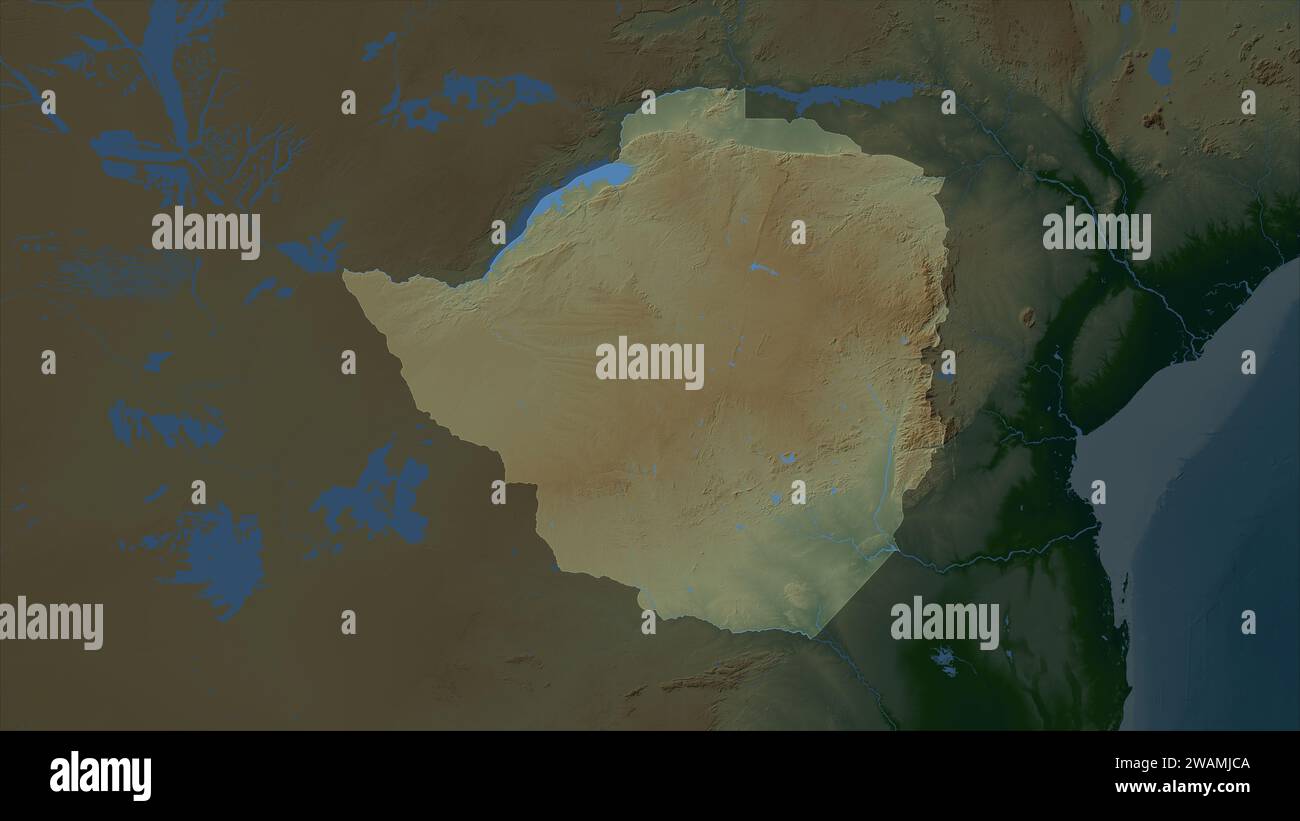 Zimbabwe mis en évidence sur une carte d'altitude en couleur avec des lacs et des rivières Banque D'Images