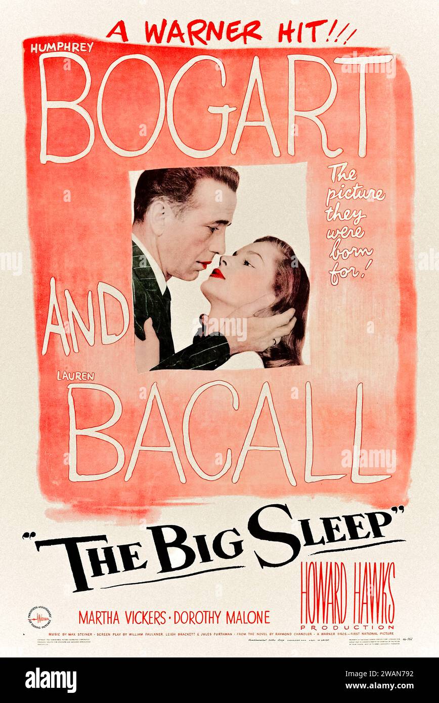 The Big Sleep (1946) réalisé par Howard Hawks et mettant en vedette Humphrey Bogart, Lauren Bacall et John Ridgely. Le détective privé Philip Marlowe est embauché par une famille riche. Avant la fin de l'affaire complexe, il a vu meurtre, chantage et ce qui pourrait être l'amour. Photographie d'une affiche originale entièrement restaurée et en lin 1946 US une feuille. ***USAGE ÉDITORIAL SEULEMENT*** crédit : BFA / Collection privée / Warner Bros Banque D'Images