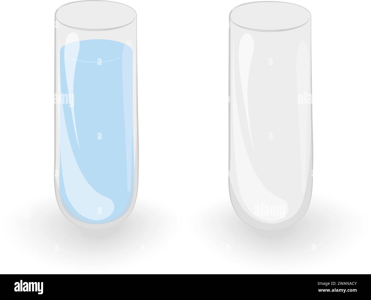 Jeu de 2 récipients en verre transparent en forme de tube à essai avec ombres et lumières. Isoler. EPS. Éléments de conception vectorielle pour cartes ou web, affiches, bannières, brochures ou autres utilisations différentes Illustration de Vecteur