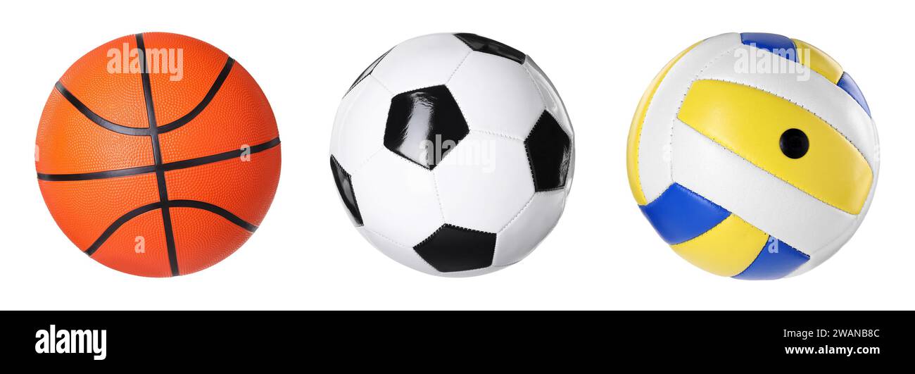 Différentes balles pour divers sports isolé sur blanc, collection Banque D'Images