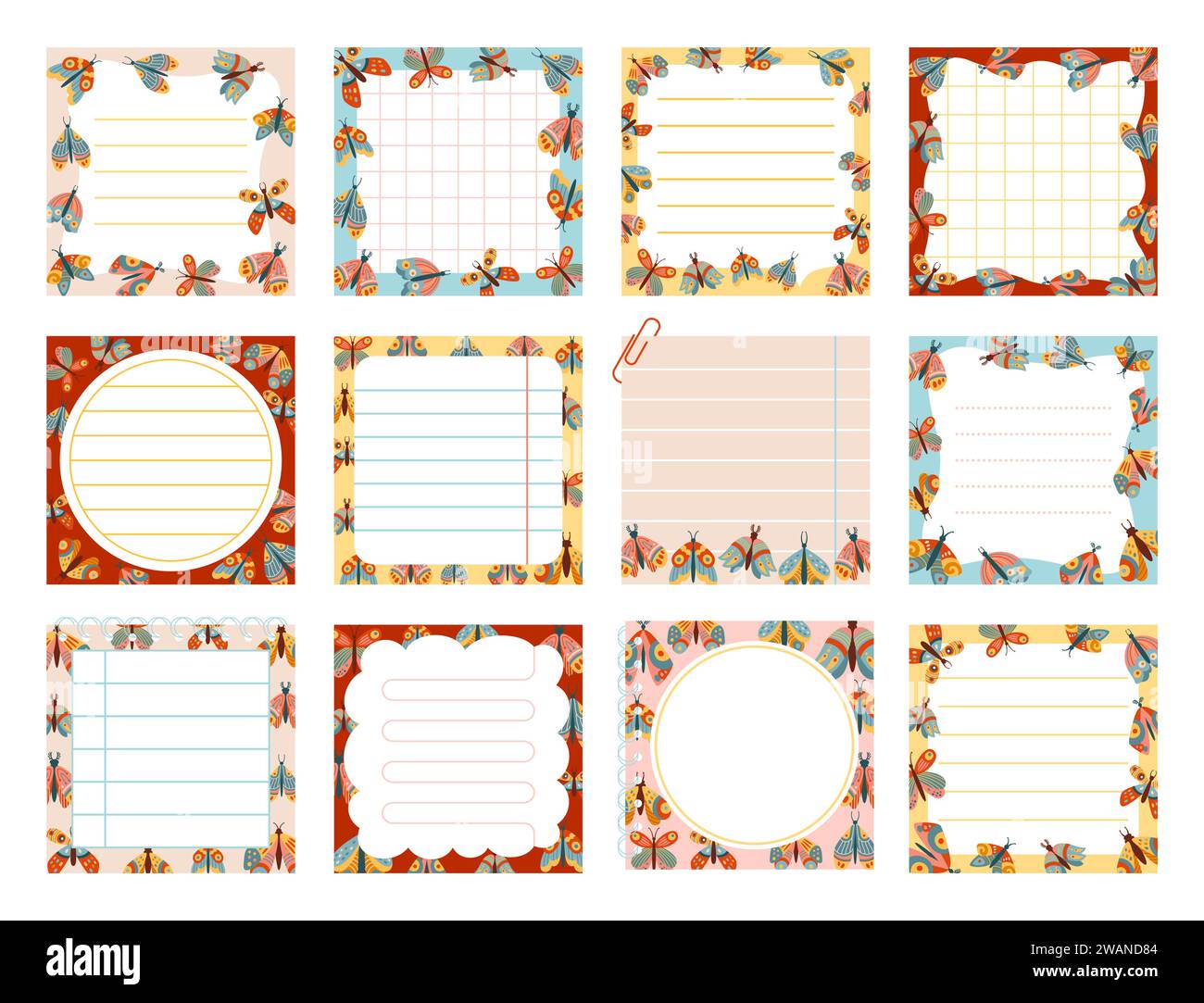 Notes adhésives en papier, bloc-notes autocollant bloc-notes avec papillon. Grille lignée de la page du Copybook de la liste des feuilles. Éléments de papeterie planification éducation organisateur vierge. Illustration vectorielle de dessin animé isolé Illustration de Vecteur