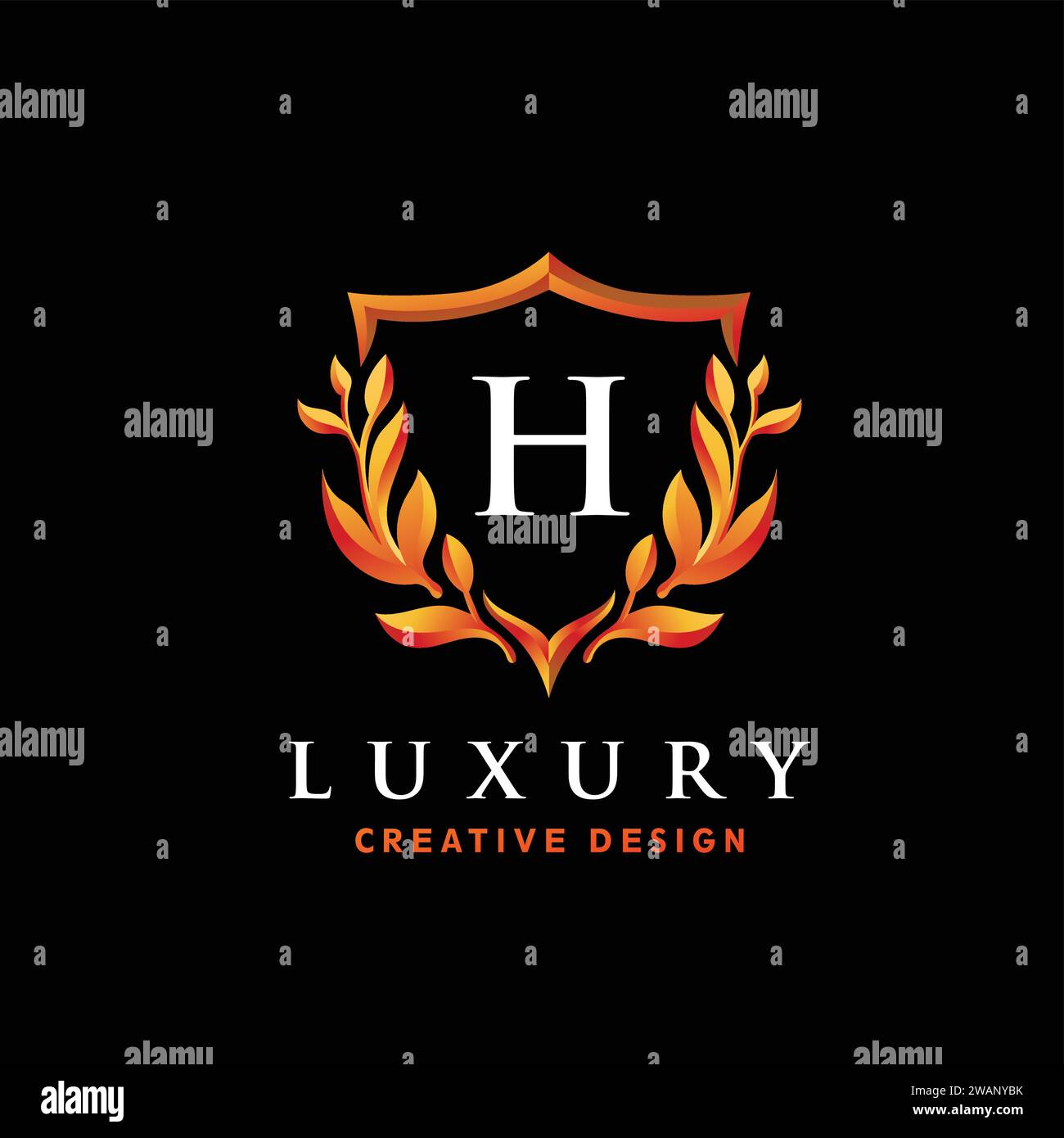 Golden Luxury H initial Letter logo modèle de conception avec bouclier et ornement Vintage floral Illustration de Vecteur