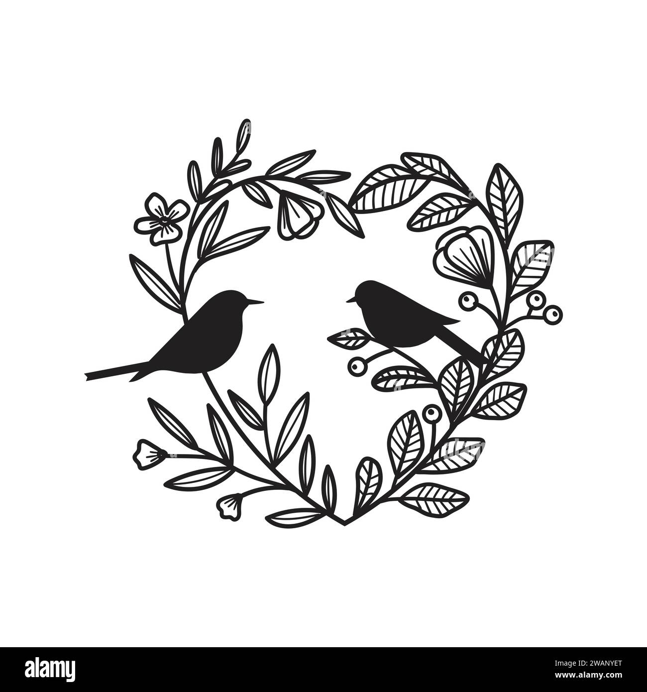 Silhouette de coeur ou couronne d'amour avec des oiseaux assis sur des branches, illustration florale Vector Illustration de Vecteur