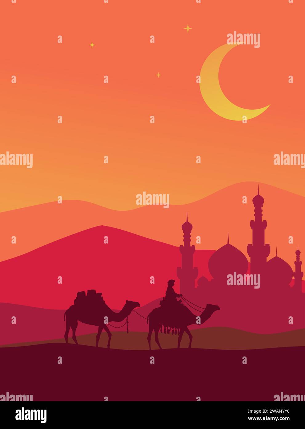 Homme chevauchant le chameau avec la mosquée dans le désert arrière-plan, illustration vectorielle de silhouette, Islam ou Ramadan concept vecteur gratuit Illustration de Vecteur