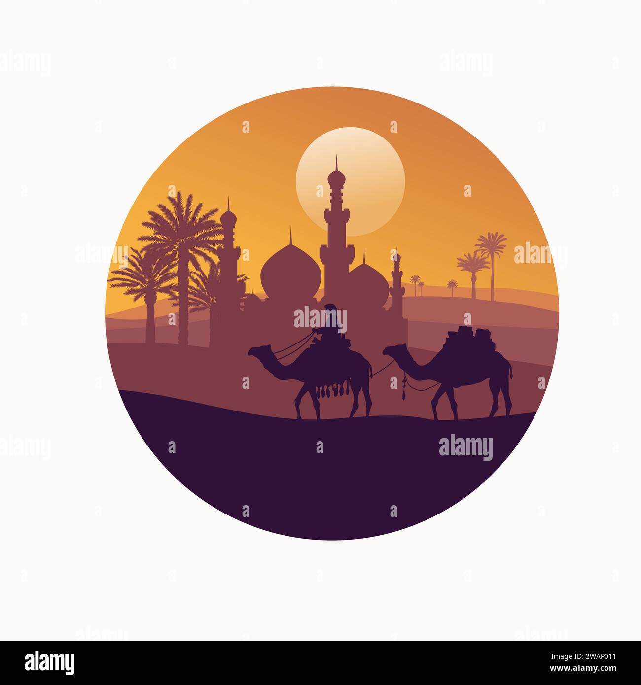 Homme chevauchant le chameau avec mosquée dans le désert en cercle arrière-plan Illustration de Vecteur