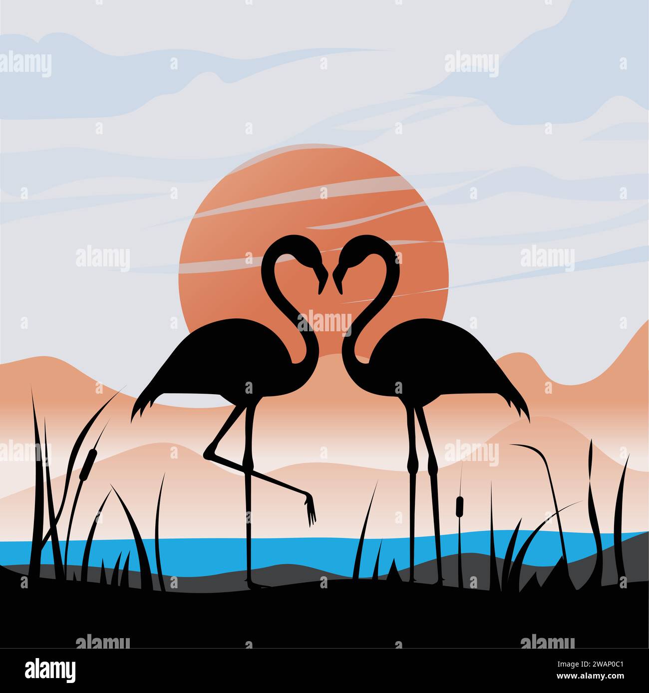 deux silhouettes flamants en forme de coeur avec la lune comme fond Illustration de Vecteur