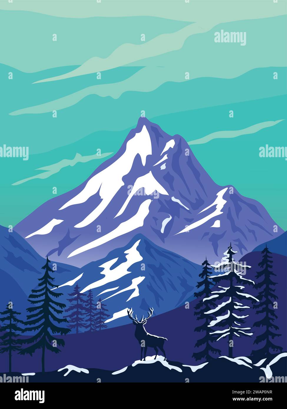 Illustration vectorielle de la faune. Paysage d'hiver avec montagnes, forêt, collines et cerfs Illustration dans les tons bleus. Illustration de Vecteur