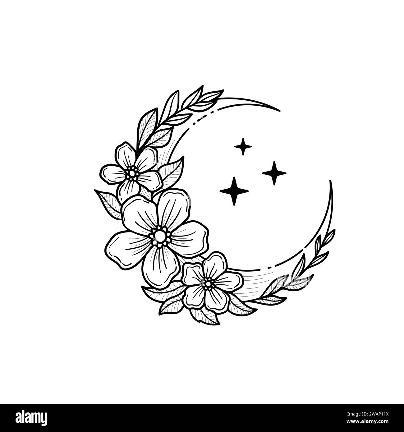 Contour floral croissant lune avec fleur, branches feuillues et étoiles isolées sur fond blanc, Vector Crescent Outline Emblem pour la conception de tatouage, lo Illustration de Vecteur