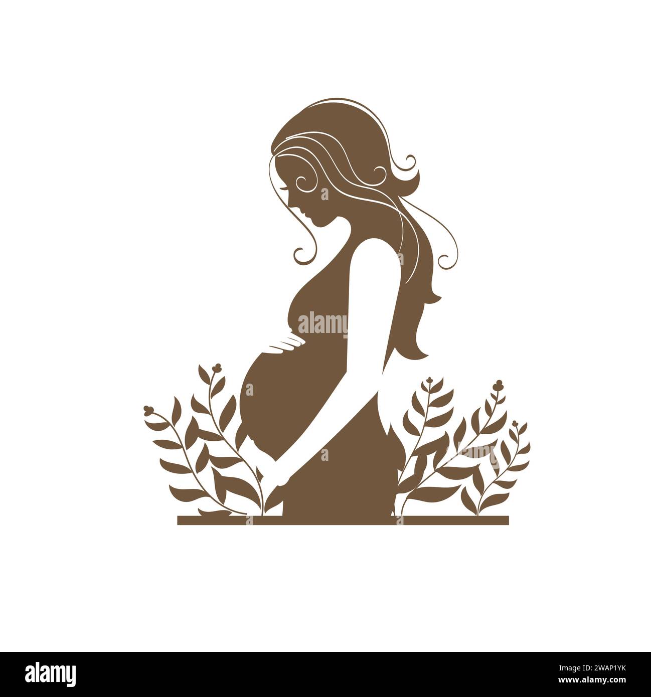 Silhouette de femme enceinte avec fond de feuilles décorées Vector Illustration de Vecteur