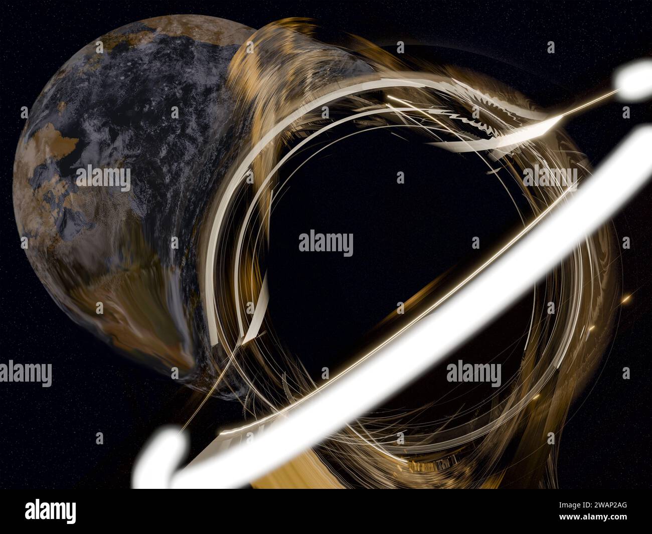 Trou noir consomme la planète Terre avec des éclairs de lumière quelque part dans l'espace profond avec de la poussière cosmique. Illustration de rendu 3D. Banque D'Images