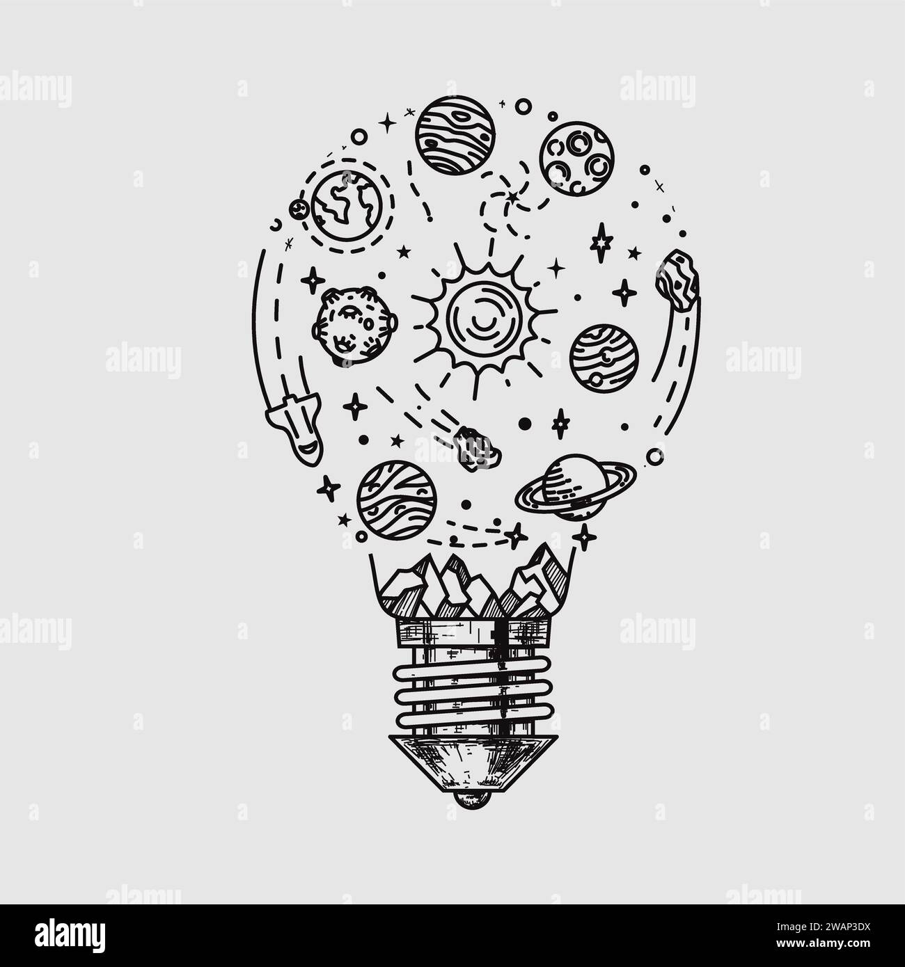 Doodle système solaire dans la lumière d'ampoule croquis dessiné à la main, planètes, comète cosmique et étoiles, l'astronomie des griffons spatiaux. Système solaire céleste Illustration de Vecteur