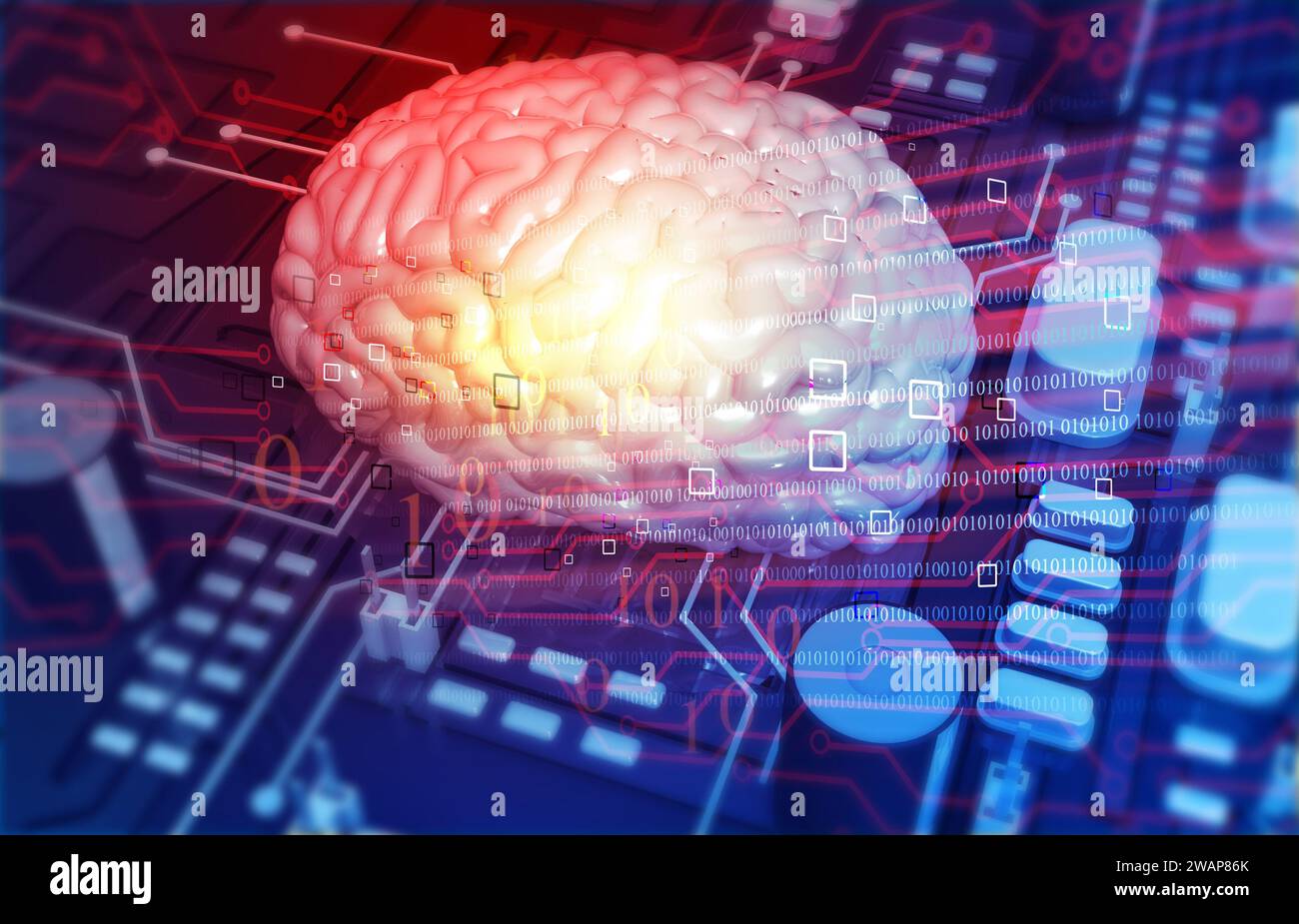 Circuit imprimé avec cerveau humain. Intelligence artificielle abstraite. illustration 3d. Banque D'Images