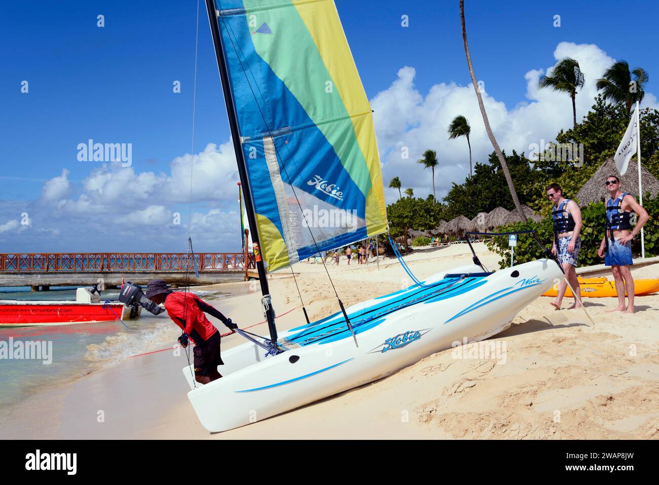 Personnes gréant un catamaran sur la plage sous le ciel bleu et les palmiers, voyage en catamaran, Dominicus Beach, Bayahibe, République Dominicaine, Hispaniola, Cari Banque D'Images