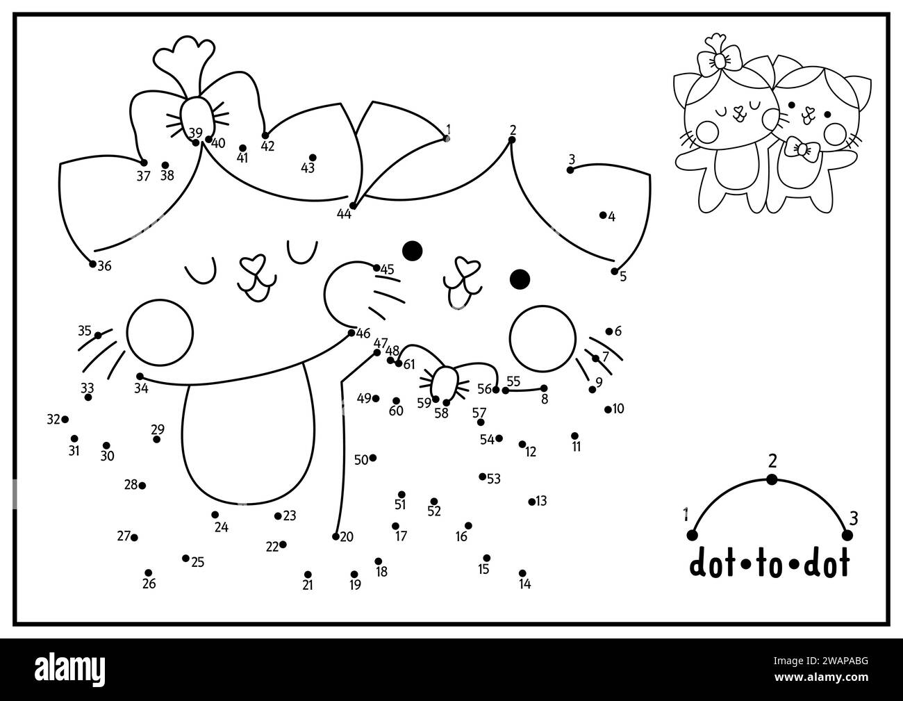 Vector Saint Valentine point à point et activité de couleur avec un couple mignon de chat Kawaii. Vacances d'amour connecter le jeu de points avec le caractère drôle. Coloriage pa Illustration de Vecteur