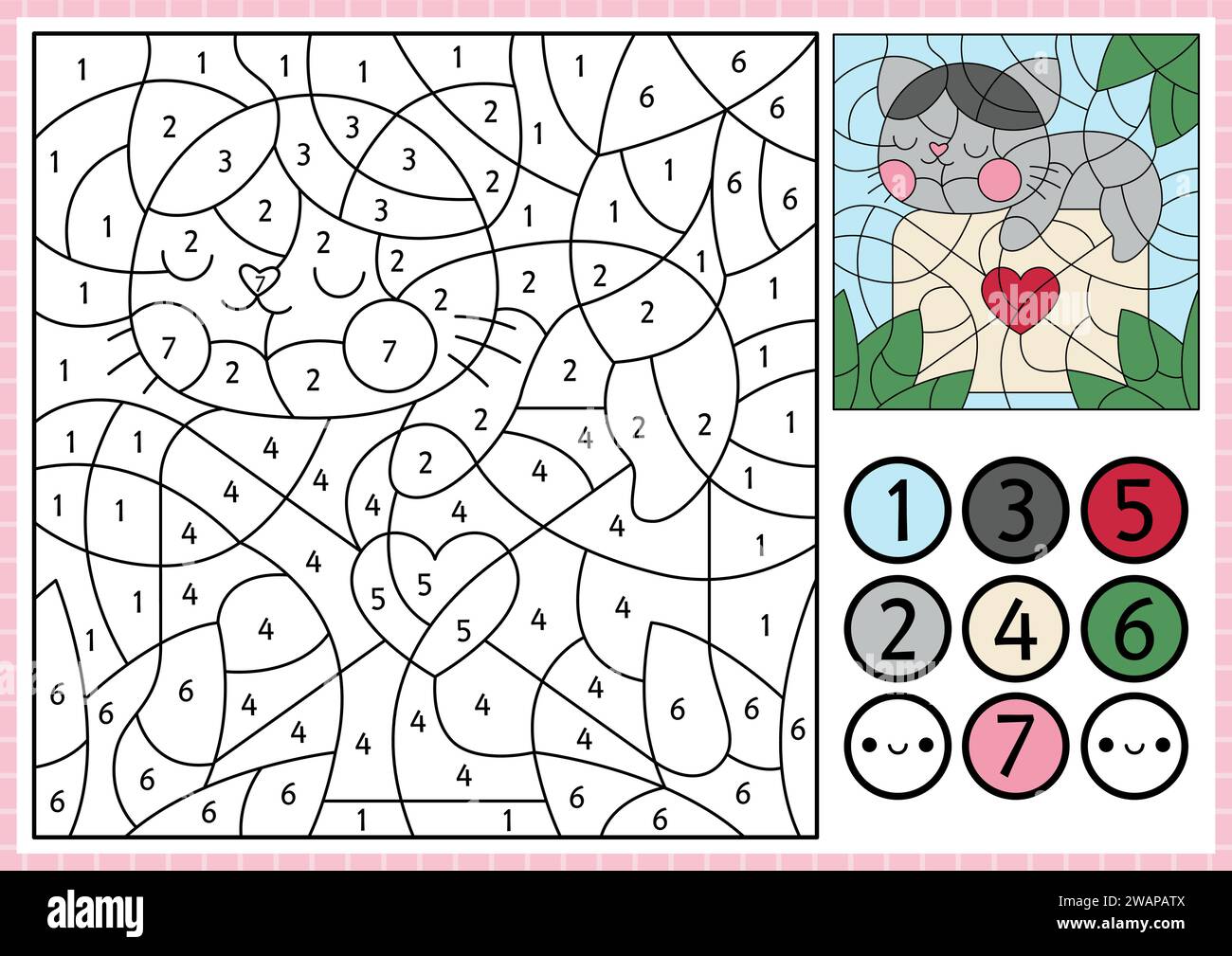 Vector Saint Valentine couleur par nombre d'activité avec chat kawaii mignon couché sur la lettre scellée avec le coeur. Aimez la scène de vacances. Counti noir et blanc Illustration de Vecteur