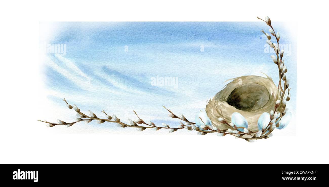 Nid de Pâques de printemps aquarelle avec arrangement de branches de saule. Nid d'oiseau vide dessiné à la main avec des œufs bleus et décoration florale pour cad sur ciel bleu ba Banque D'Images