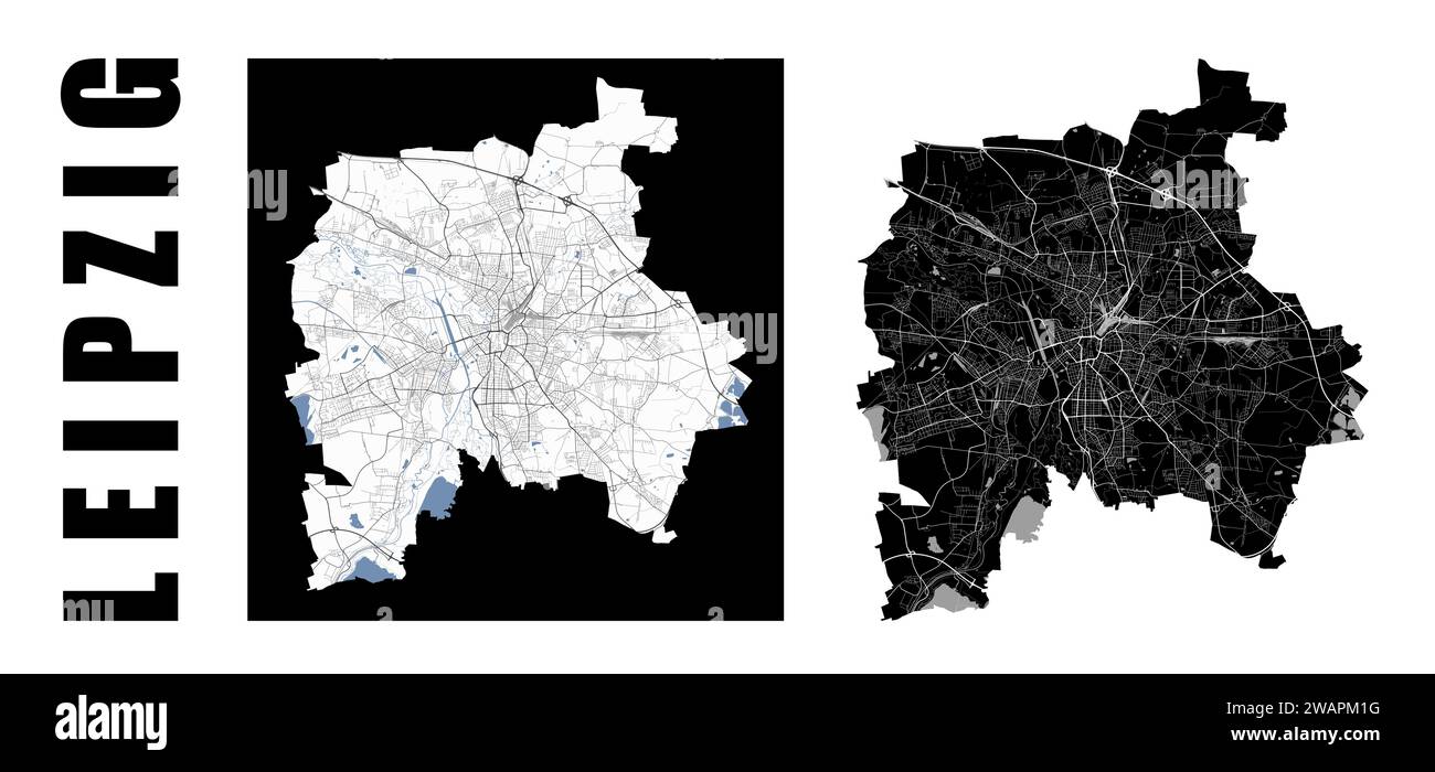 Carte Leipzig. Allemagne ville à l'intérieur des frontières municipales administratives. Ensemble de cartes vectorielles en noir et blanc. Rues et rivière White Elster, haute résolution Illustration de Vecteur