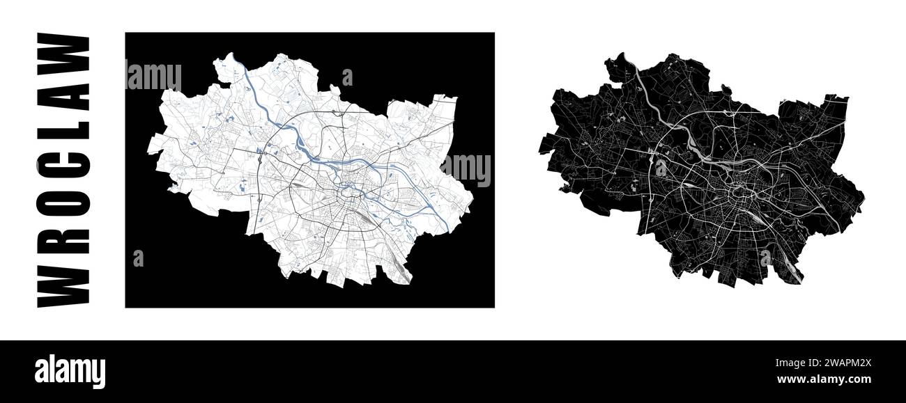 Carte de Wroclaw. Pologne ville à l'intérieur des frontières municipales administratives. Ensemble de cartes vectorielles en noir et blanc. Rues et rivière Oder, haute résolution. Illustration de Vecteur
