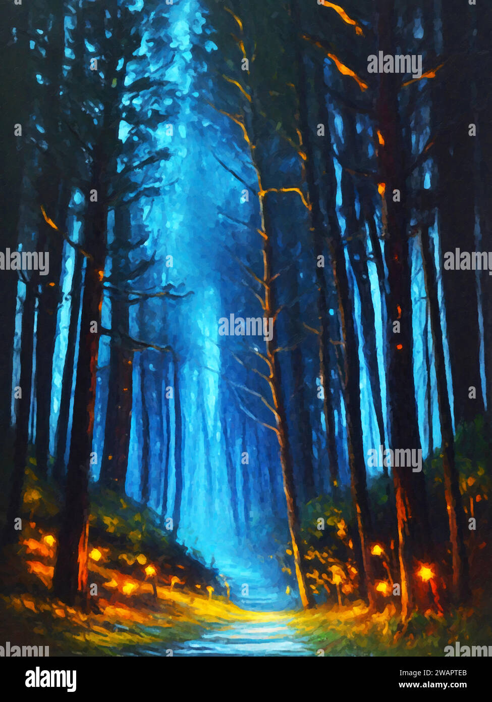 Light and Shadows (Forest Scene) » - Une peinture capturant l'interaction de la lumière et des ombres au milieu des arbres et du feuillage dans une forêt. Illustration de Vecteur