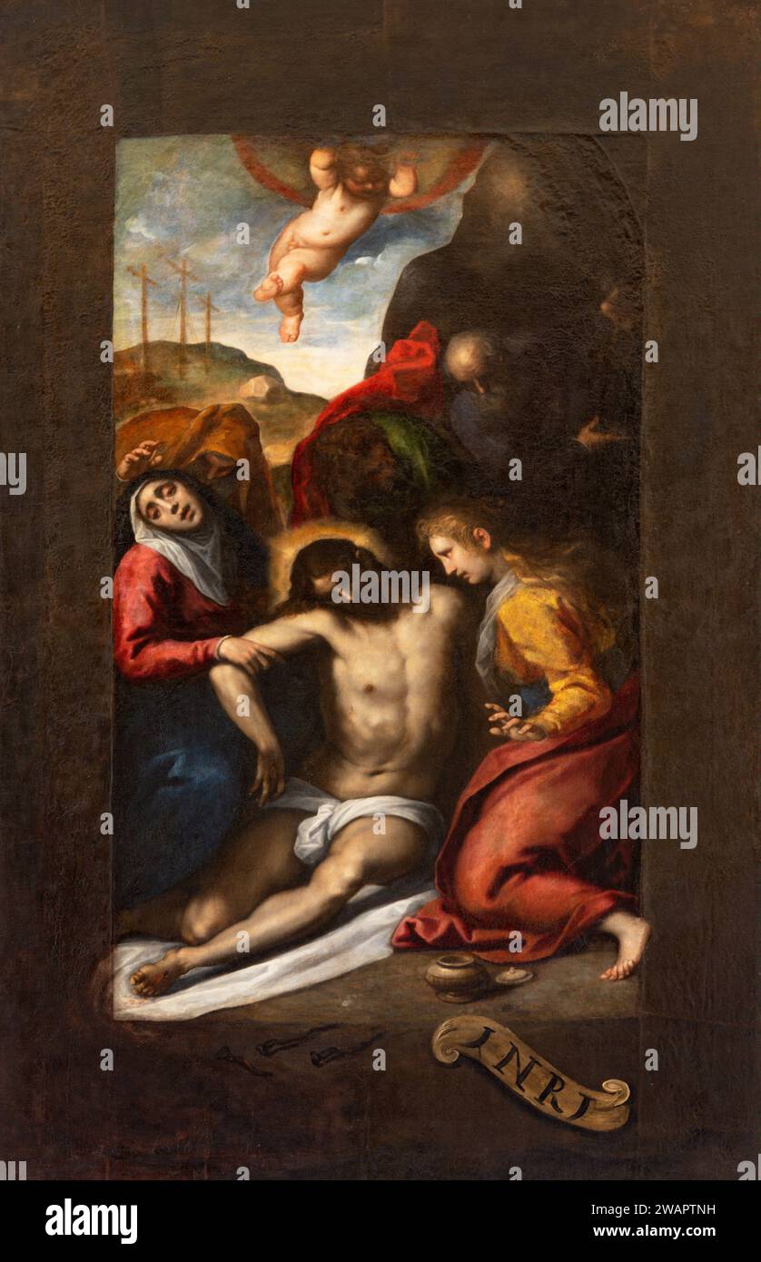 TRÉVISE, ITALIE - 4 NOVEMBRE 2023 : la peinture de dépôt des corss - Pieta dans l'église Chiesa di San Gaetano par un artiste inconnu. Banque D'Images