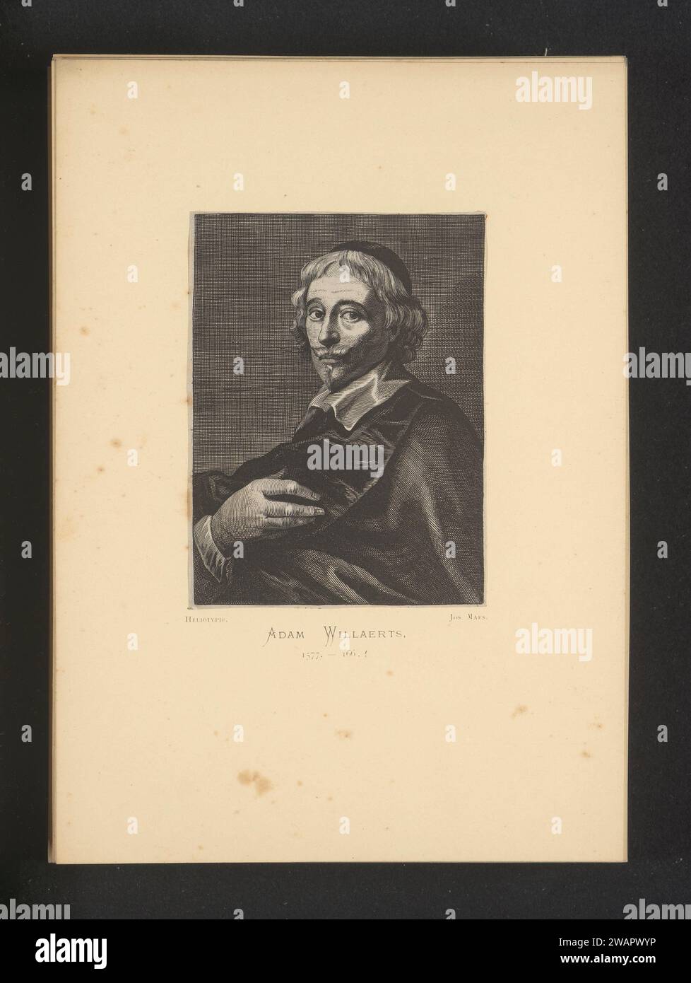 Reproduction d'une gravure d'un portrait d'Adam Willaerts par Franciscus van der Steen, Joseph Maes, d'après Frans van der Steen, d'après Adam Willaerts, c. 1872 - en 1877 ou avant impression photomécanique cette impression fait partie d'une couverture avec 150 impressions et d'une section avec une liste d'images. Papier d'Anvers. personnages historiques collotypes en carton Banque D'Images