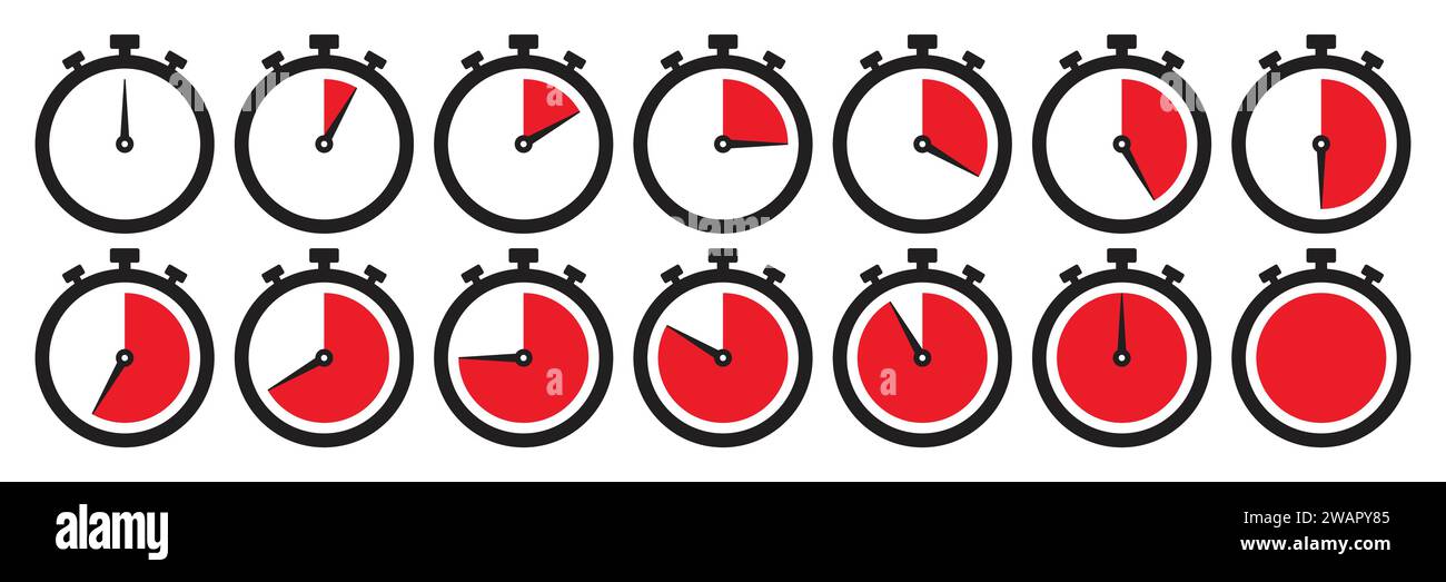 Icône d'horloge réglée en rouge. Jeu de symboles de chronomètre. Chronomètre d'horloge de compte à rebours, illustation de vecteur de minuterie. Collection d'icônes de minuterie définies en rouge. Illustration de Vecteur
