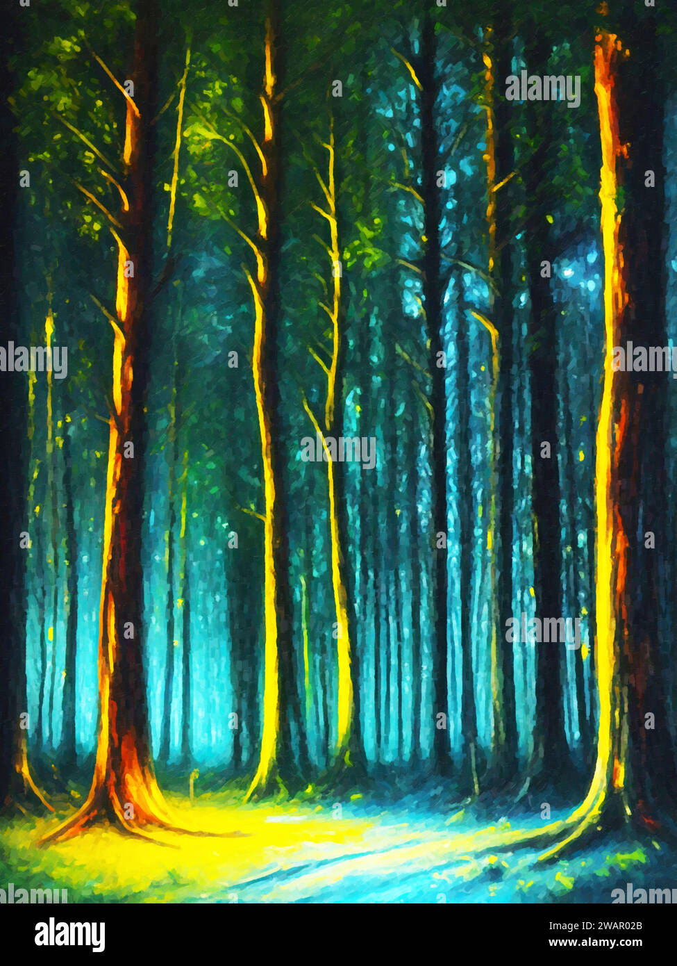 Light and Shadows (Forest Scene) » - Une peinture capturant l'interaction de la lumière et des ombres au milieu des arbres et du feuillage dans une forêt. Illustration de Vecteur