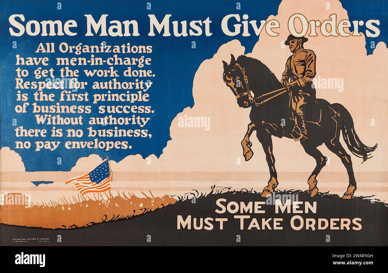 Un homme doit donner des ordres (Mather et Compagnie, 1923). Affiche de motivation Banque D'Images