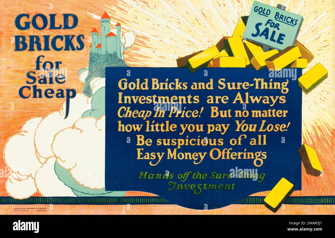 Briques d'or à vendre bon marché (1923). Mather and Company Motivational Poster - méfiez-vous des offres d'argent faciles Banque D'Images