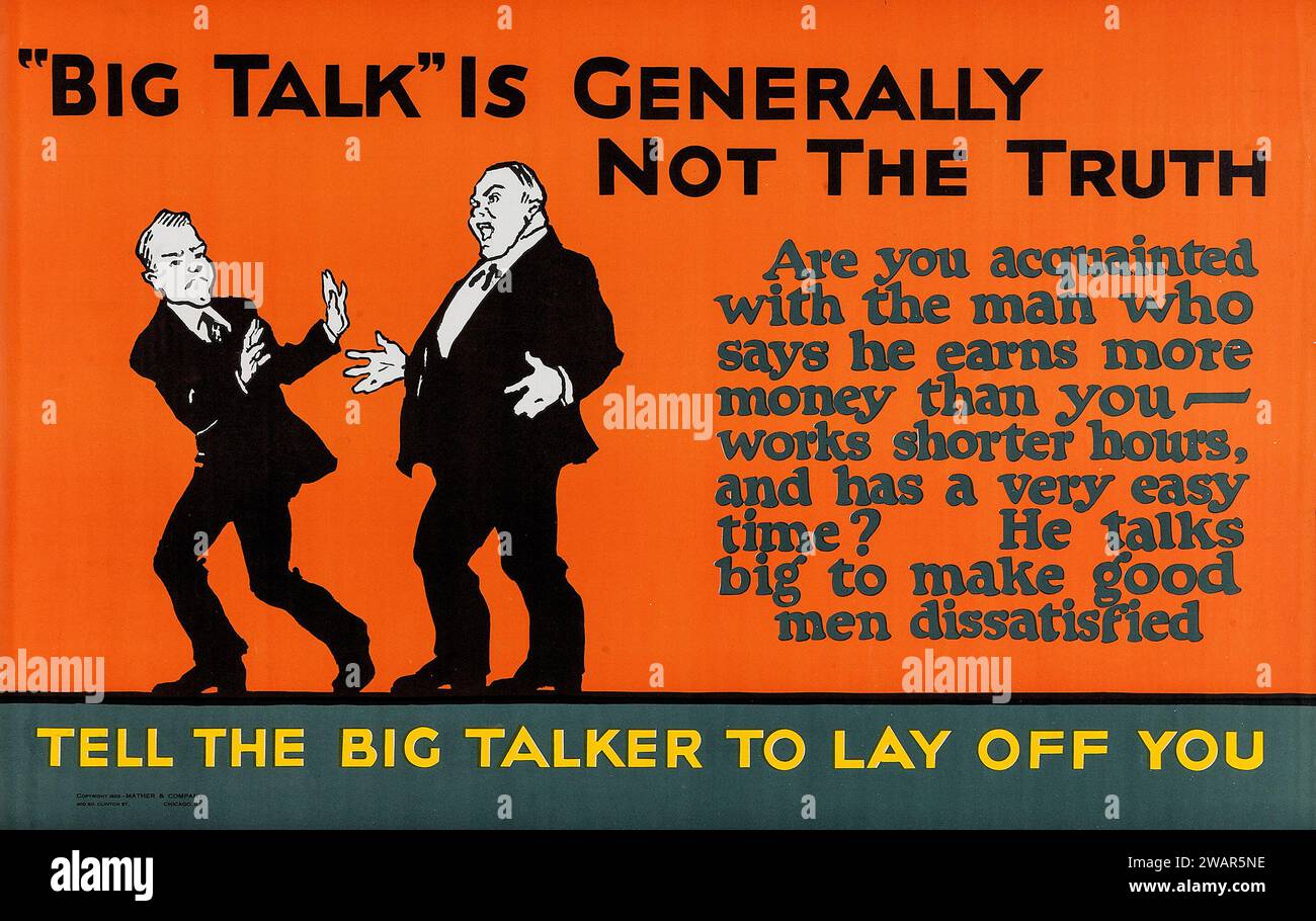 « Big Talk » n'est généralement pas la vérité (Mather et Compagnie, 1923). Affiche de motivation Banque D'Images
