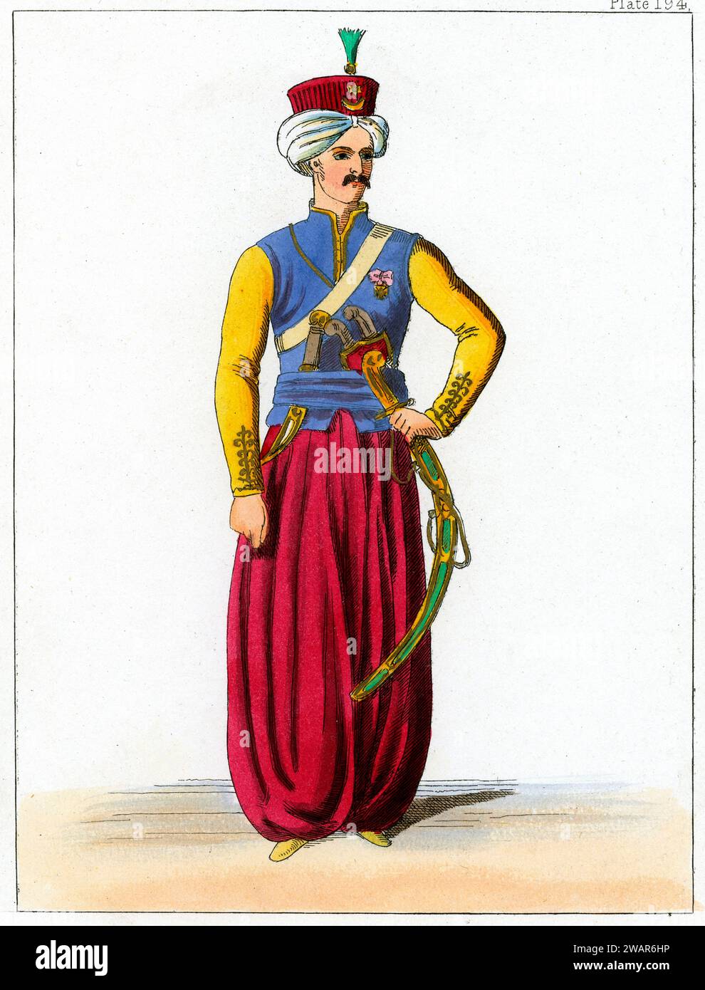 Portrait en longueur de l'officier turc ottoman dans l'armée ottomane. c19ème gravure ou illustration colorée. Banque D'Images