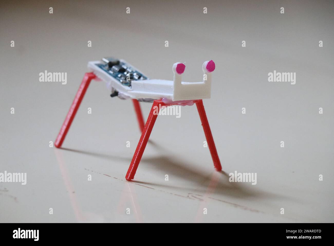 Robot de petite taille avec quatre jambes fabriqué à l'aide de la technologie d'impression 3D et fonctionne à l'aide de vibrations causées par un petit moteur placé à l'intérieur Banque D'Images