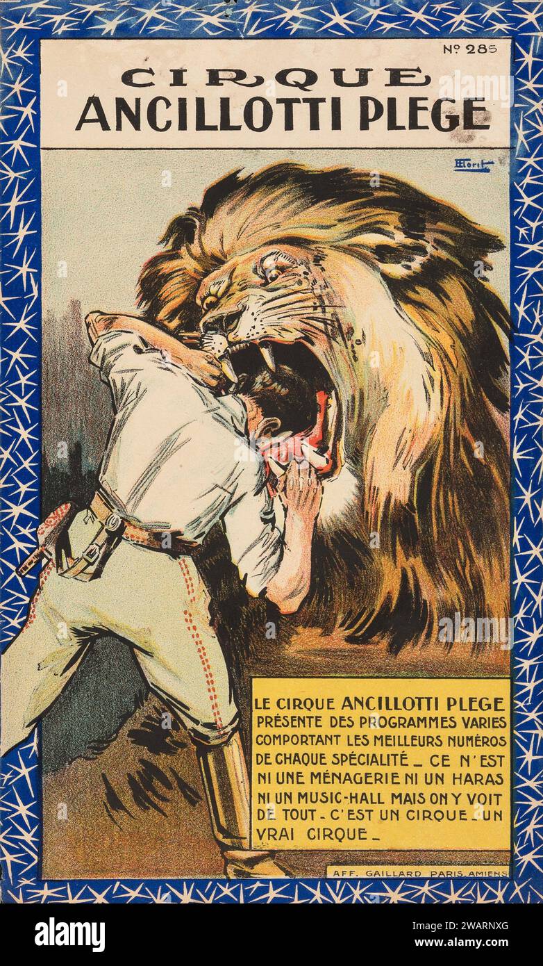 Cirque Ancillotti Plege (c. 1910s) affiche d'événement française feat a man with has head in a lion gueule - Henri Florit Artwork Banque D'Images