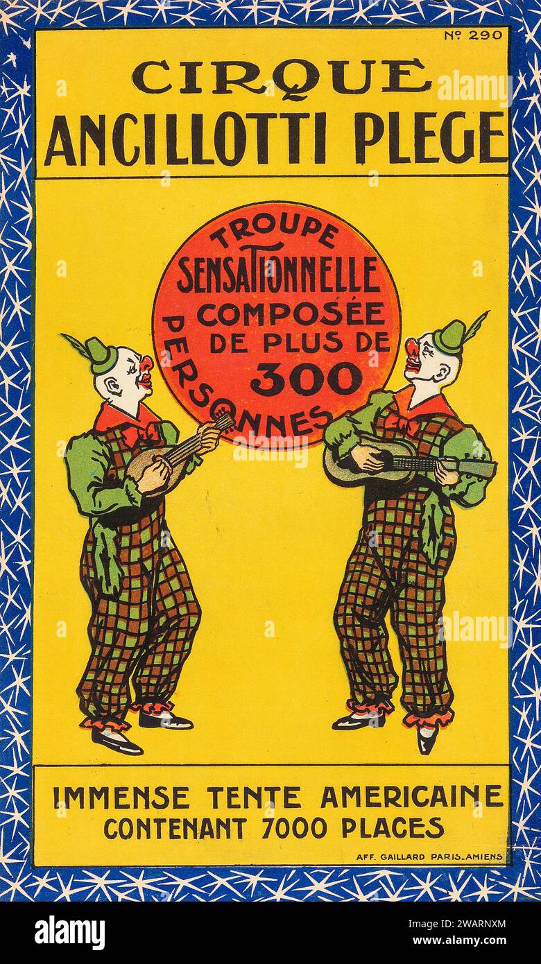 Cirque Ancillotti Plege (c. 1910s) affiche d'événement de cirque français feat Two clowns Banque D'Images