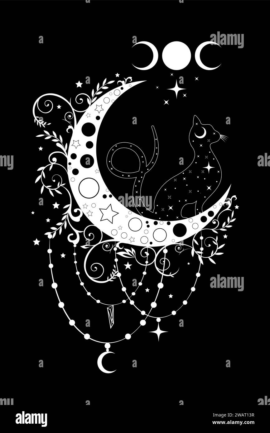 Chat noir mystique sur croissant céleste de lune et triple déesse, symbole de sorcellerie, tatouage logo ésotérique sorcier. Vecteur ésotérique wiccan clipart Illustration de Vecteur