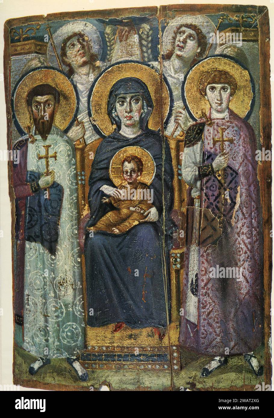 Vierge intronisée entre Saint Théodore et Saint Georges, peinture, monastère Sainte Catherine, Sinaï, Egypte des années 1960 Banque D'Images