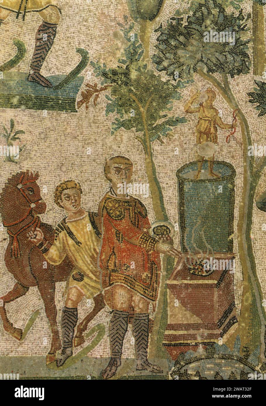 Mosaïques antiques : le sacrifice à Goddes Diana, Villa romaine del Casale, Piazza Armerina, Sicile, Italie années 1960 Banque D'Images
