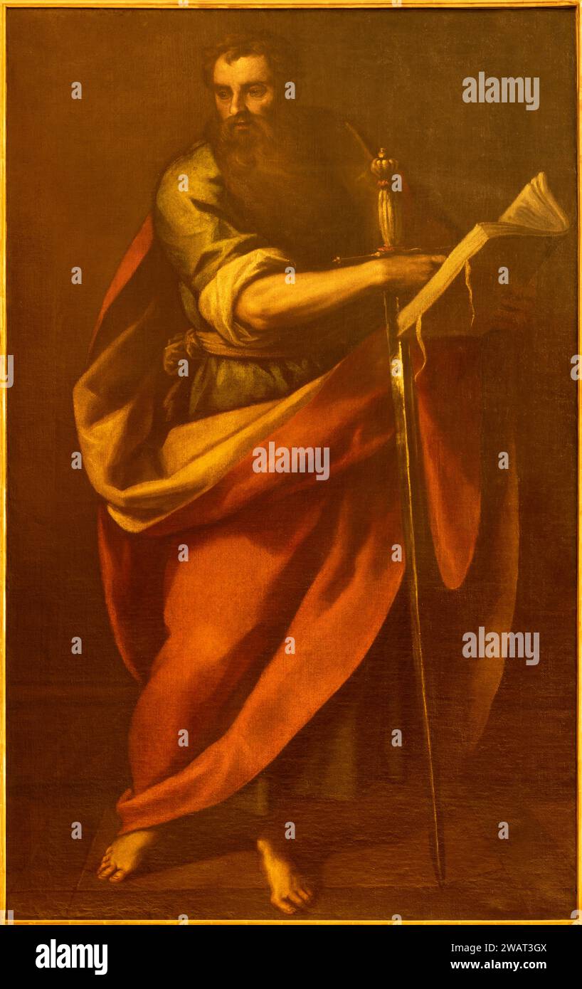VICENCE, ITALIE - 7 NOVEMBRE 2023 : la peinture de Saint Paul l'Apôtre dans l'église Chiesa di Santo Stefano par Domenico Tintoretto (1560 – 1635) Banque D'Images