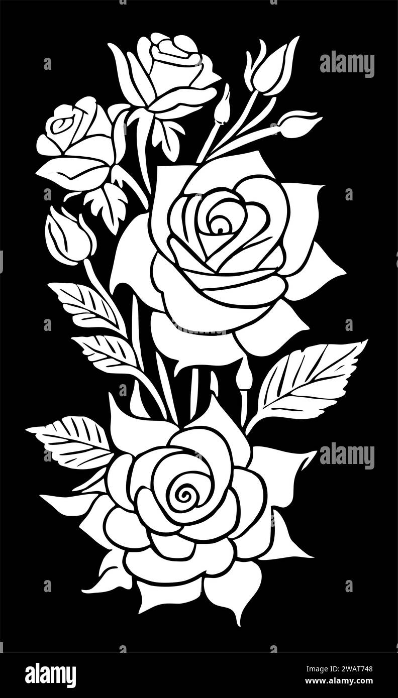 dessin linéaire graphique blanc de fleur de rose sur fond noir, design Banque D'Images