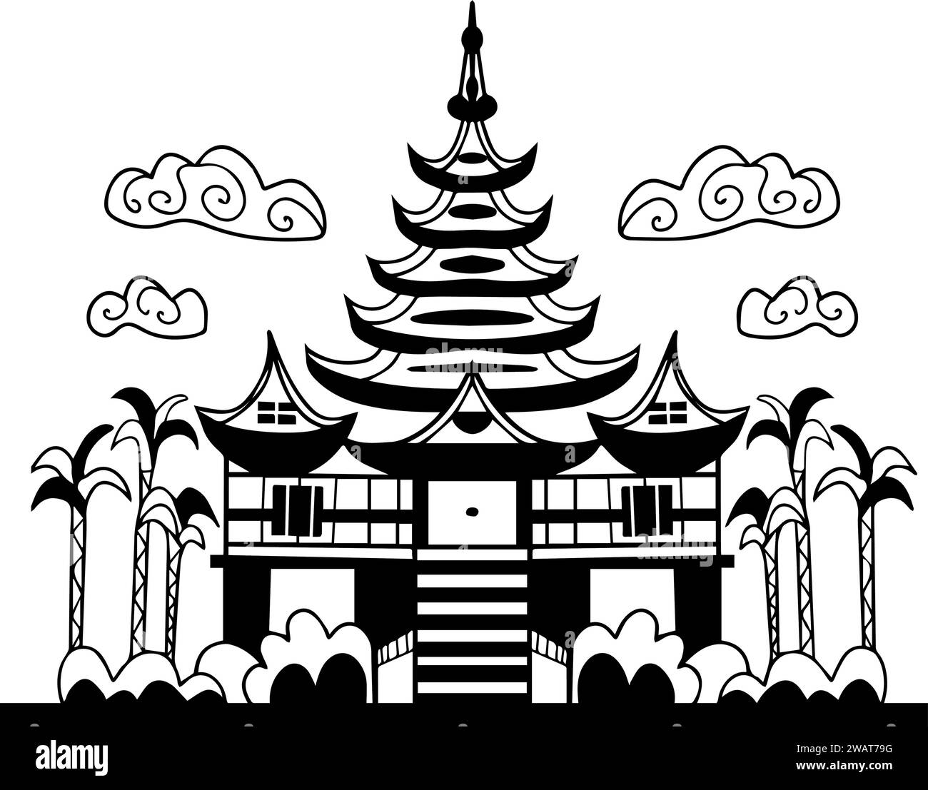 Maison japonaise. Architecture traditionnelle asiatique des bâtiments isolés sur blanc. Symbole national du pays pour les voyages. Voyage chinois vecteur noir et Illustration de Vecteur